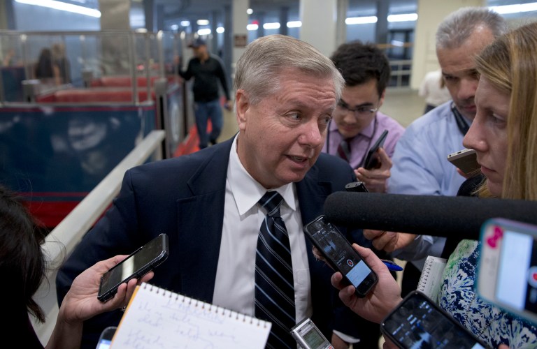 Sen. Lindsey Graham, R-S.C., said after a classified briefing from the Pentagon Thursday that the goal of the bill is to help redevelop places liberated from the Islamic State, to people who fled the terrorist group can return. (AP Photo/Alex Brandon)