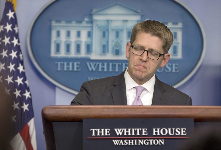 White House press secretary Jay Carney pauses as he speaks during his daily news briefing at the White House in Washington, Thursday, May 29, 2014. Carney discussed the Department of Veterans Affairs and Veterans Affairs Secretary Eric Shinseki and other topics. (AP Photo/Carolyn Kaster)