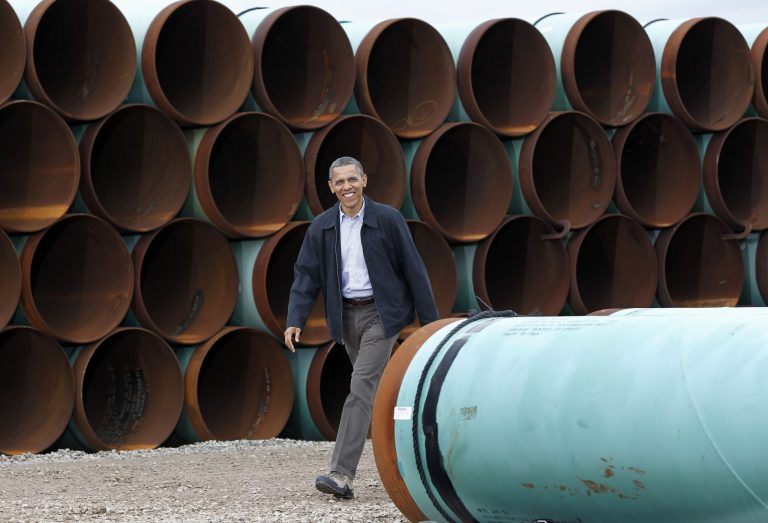 President Obama arrives at the TransCanada Stillwater Pipe Yard in Cushing, Okla., in March 2012. (AP Photo/Pablo Martinez Monsivais, File)