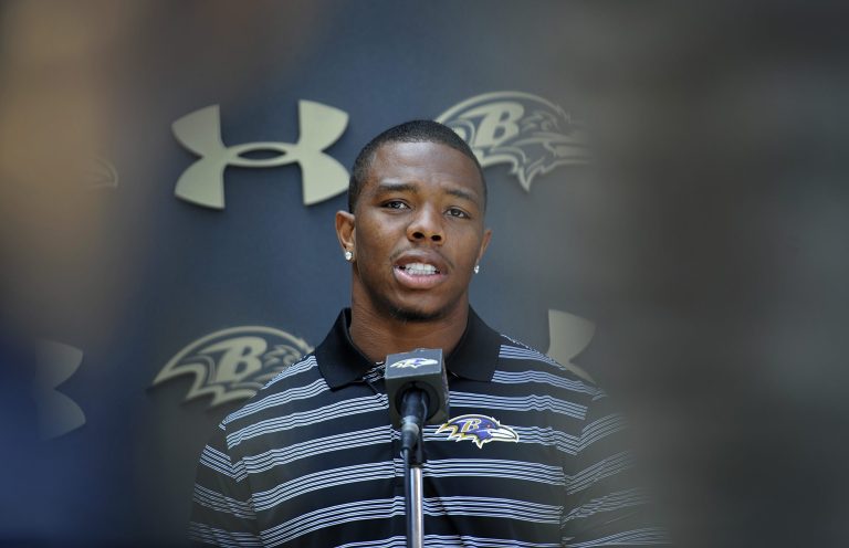 Baltimore Ravens running back Ray Rice answers question during a news conference after NFL football training camp practice, Thursday, July 31, 2014, in Owings Mills, Md.(AP Photo/Gail Burton)