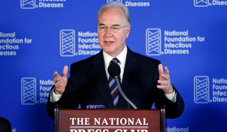 Health and Human Services Secretary Tom Price speaks during a National Foundation for Infectious Diseases news conference recommending everyone age six months an older be vaccinated against influenza, Thursday, Sept. 28, 2017 in Washington. (AP Photo/Pablo Martinez Monsivais)