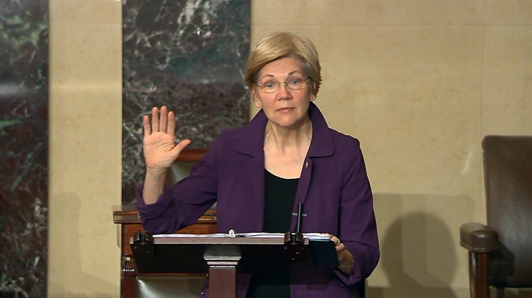 Sen. Elizabeth Warren, D-Mass., was issued a warning not to overly criticize Sen. Jeff Sessions, R-Ala., as she spoke against his nomination Tuesday night. (Senate TV via AP)
