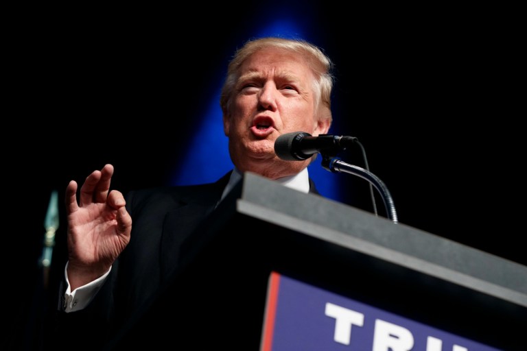 Republican presidential candidate Donald Trump speaks during a campaign rally, Tuesday, Sept. 13, 2016, in Clive, Iowa. A war of words over Donald Trump's 