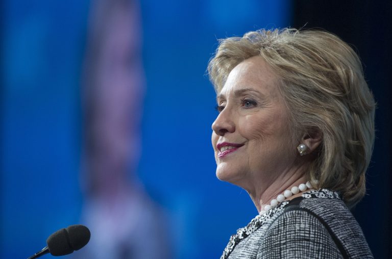 Former Secretary of State Hillary Rodham Clinton addresses the American Jewish Committee Global Forum closing plenary in Washington. (AP/Cliff Owen)