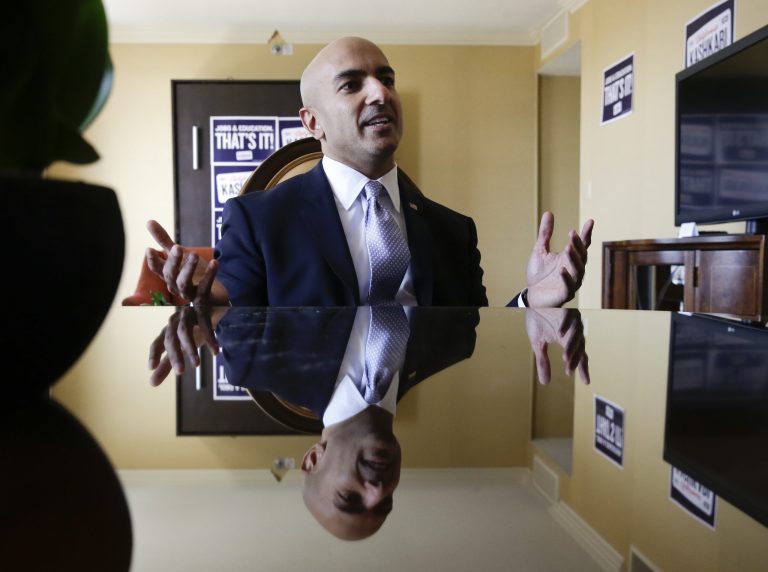 Republican candidate for California governor Neel Kashkari talks during an interview at the California GOP convention on Saturday, Sept. 20, 2014 in Los Angeles. (AP Photo/Chris Carlson)