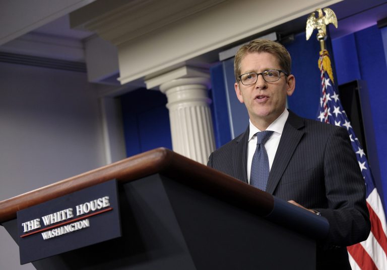   White House press secretary Jay Carney speaks during the daily briefing at the White House in Washington, Thursday, Aug. 1, 2013. Carney was asked about National Security Agency leaker Edward Snowden who left the transit zone of a Moscow airport and officially entered Russia after authorities granted him asylum for a year, his lawyer said. (AP Photo/Susan Walsh)  