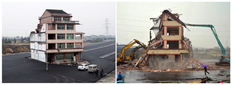   FILE - This photo combo shows the before-and-after of a house that was sitting in the middle of a new main road on the outskirts of Wenling city in east China's Zhejiang province. Authorities demolished the five-story home, Saturday, Dec. 1, 2012, that stood incongruously in the middle of the new main road and had become the latest symbol of resistance by Chinese homeowners against officials accused of offering unfair compensation. The homeowners had been the lone holdouts from a neighborhood that was demolished to make way for the main thoroughfare heading to a newly built railway station on the outskirts of the city. (AP Photo) CHINA OUT  