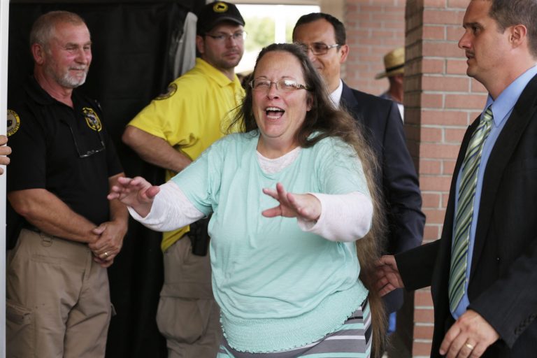 Kim Davis, the Kentucky county clerk who was jailed for refusing to issue marriage licenses to gay couples, was released after five days behind bars. (Pablo Alcala/Lexington Herald-Leader via AP) MANDATORY CREDIT