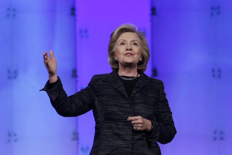 Hillary Rodham Clinton speaks during a keynote address at the Watermark Silicon Valley Conference for Women, Tuesday, Feb. 24, 2015, in Santa Clara, Calif. (AP Photo/Marcio Jose Sanchez)