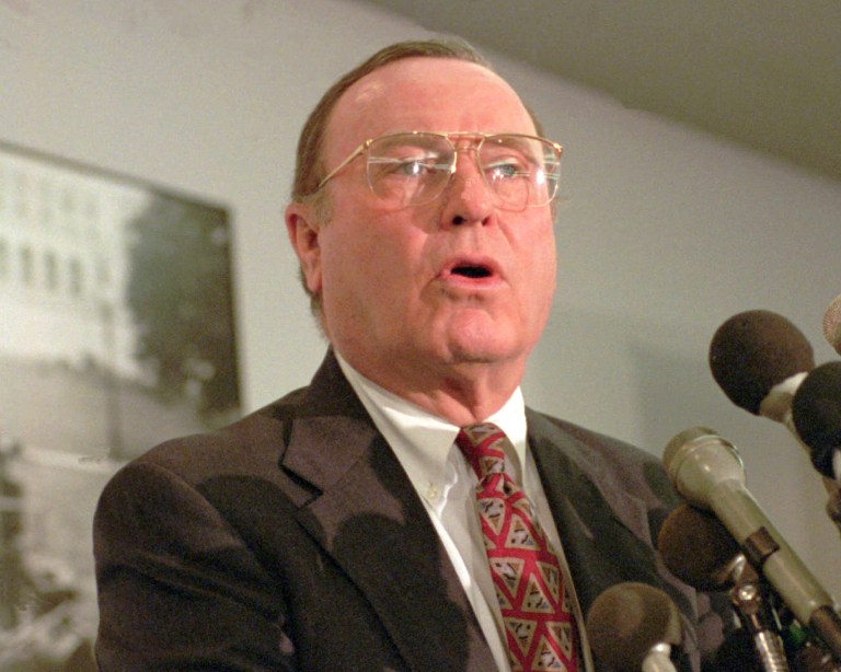 FILE - In a June 30, 1995 file photo, Base Closure and Realignment Commission Chairman Alan Dixon meets reporters on Capitol Hill to discuss his commission's recommendations. Former Democratic U.S. Sen. Alan Dixon of Illinois died. Dixon died Sunday July 6, 2014, at his home in Fairview Heights, Ill., his son Jeffrey said. He was 86. (AP photo/Dennis Cook)