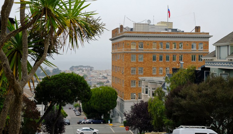 This Thursday, Aug. 10, 2017 photo shows the Consulate-General of Russia in San Francisco. (AP Photo/Eric Risberg)