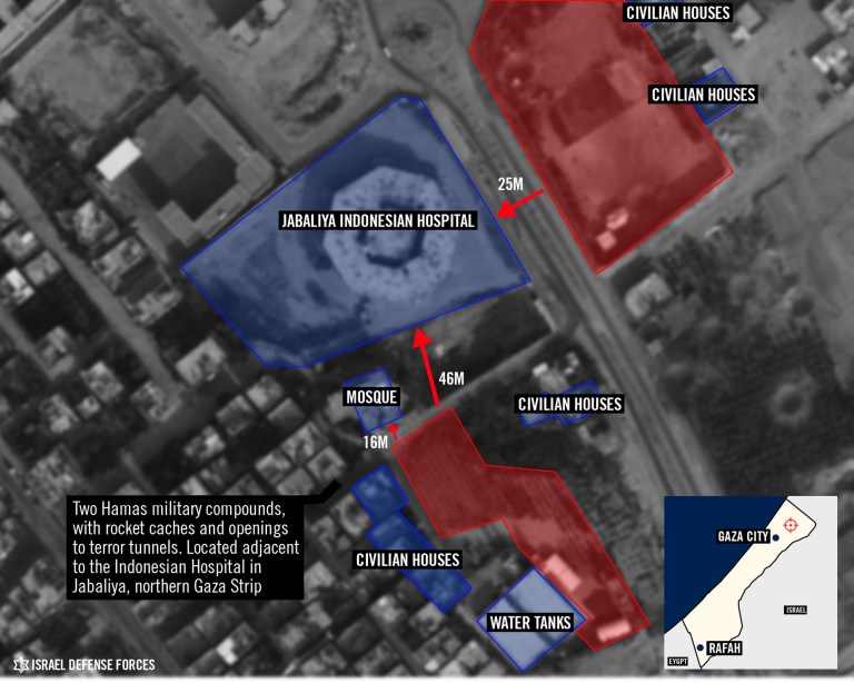 This undated image released by the Israel Defense Forces on Thursday, Sept. 4, 2014 shows a graphic overlay of a satellite image that purports to show Hamas military compounds next to civilian houses and a hospital of Jebaliya, northern Gaza Strip. With a 50-day war in Gaza behind it, the Israeli military is gearing up for what could become its next big battle: the possibility that a U.N. investigation could result in war-crimes allegations. The army has beefed up its legal staff, is conducting internal investigations of its wartime actions and has prepared a detailed PR campaign of satellite photos and video clips_ all with the goal of explaining why its campaign was justified and necessary. (AP Photo/Israel Defense Forces)