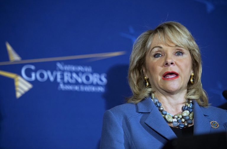National Governor's Association chair Oklahoma Gov. Mary Fallin speaks with the media during the NGA's Winter Meeting in Washington, Saturday, Feb. 22, 2014. (AP Photo/Cliff Owen)
