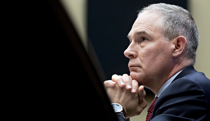 Scott Pruitt, administrator of the Environmental Protection Agency, listens during a House Energy and Commerce Subcommittee hearing in Washington, D.C., on April 26, 2018.