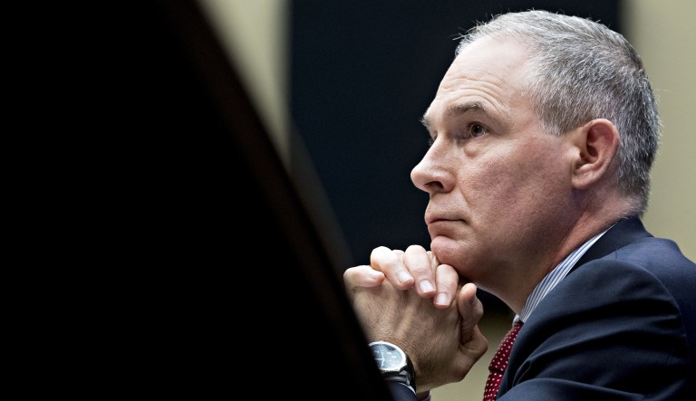 Scott Pruitt, administrator of the Environmental Protection Agency, listens during a House Energy and Commerce Subcommittee hearing in Washington, D.C., on April 26, 2018.
