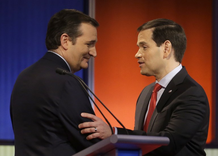 Sens. Ted Cruz, R-Texas, and Marco Rubio, R-Fla., are making gains against Donald Trump in New Hampshire just days before that state holds its primary election. (AP Photo/Chris Carlson)