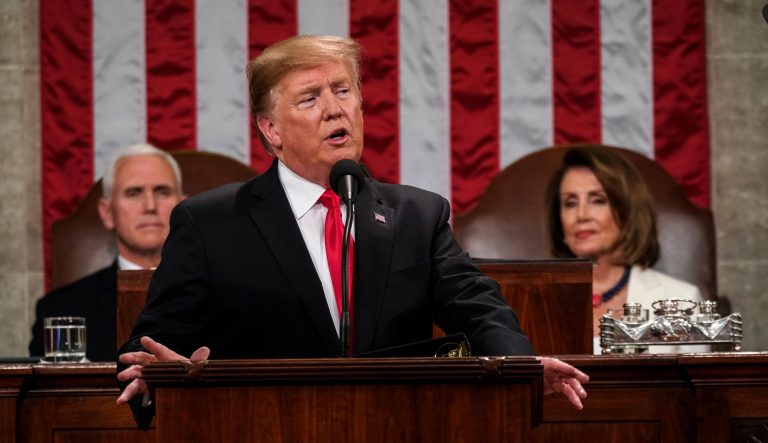 U.S. President Donald Trump, center, delivers a State of the Union address to a joint session of Congress at the U.S. Capitol in Washington, D.C., U.S., on Tuesday, Feb. 5, 2019.