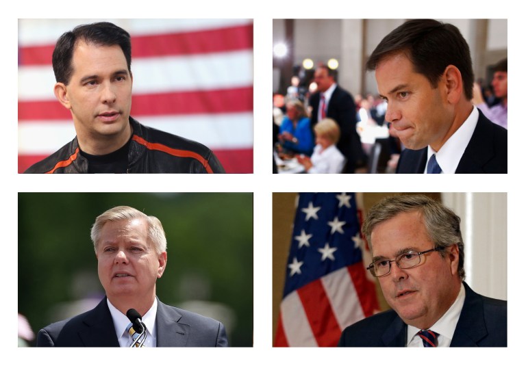 From left: Wisconsin Gov. Scott Walker, Florida Sen. Marco Rubio, former Florida Gov. Jeb Bush and Sen. Lindsey Graham. (Pics: AP Photos and Getty Images)