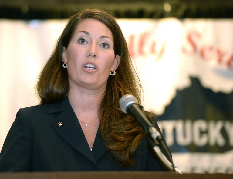 Kentucky Secretary of State and Democratic candidate for U.S. Senate Alison Lundergan Grimes addresses the Kentucky County Judge Executive Association and the Kentucky Magistrates and Commissioners Association Joint Convention in Louisville on July 18. (AP/Timothy D. Easley)
