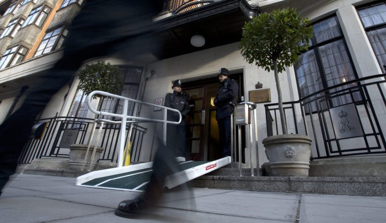   Two policemen stand guard outside the King Edward VII hospital where Kate Duchess of Cambridge is receiving treatment in central London, Wednesday, Dec. 5, 2012. Prince William and his wife Kate are expecting their first child, and the Duchess of Cambridge has been admitted to hospital suffering from a severe form of morning sickness in the early stages of her pregnancy. (AP Photo/Alastair Grant)  