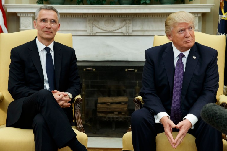 Stoltenberg reminded Trump and the public that NATO allies have contributed to the defense of the Untied States. (AP Photo/Evan Vucci) 
		