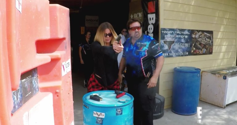 Khloe Kardashian learns how to pistol shoot in a new episode that demonstrates the debate over guns.