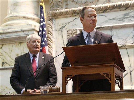 Maryland Gov. Martin O'Malley, right, addresses the Maryland House of Delegates in front of House Speaker Michael Busch on the opening day of the legislative session in Annapolis, Md., Wednesday, Jan. 11, 2012.