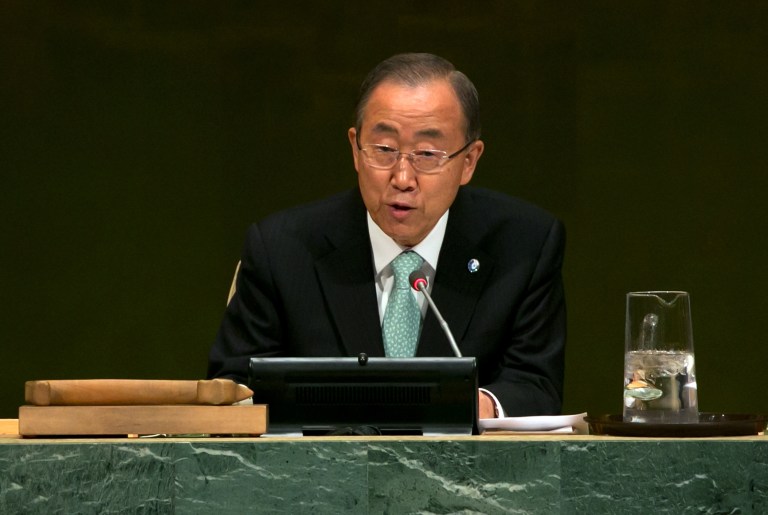 United Nations Secretary-General Ban Ki-moon addresses the Climate Change Summit, at U.N. headquarters, Tuesday, Sept. 23, 2014. (AP Photo/Richard Drew)