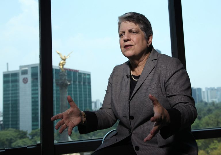 University of California President Janet Napolitano speaks during an interview with The Associated Press in Mexico City, Wednesday May 21, 2014. The former U.S. secretary of homeland security says political calls for more walls and policing at the U.S.-Mexico border is a 