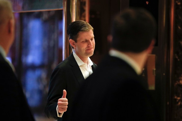 Eric Trump encouraged reporters early Wednesday morning to be on the lookout for additional announcements from the president-elect and his transition team, according to a pool report. (AP Photo/Carolyn Kaster)