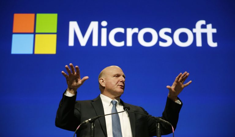 FILE - In this Tuesday, Nov. 19, 2013, file photo, Microsoft CEO Steve Ballmer speaks at the company's annual shareholders meeting, in Bellevue, Wash. Microsoft announced Tuesday, Feb. 4, 2014,  that Satya Nadella will replace Steve Ballmer as its new CEO.  Nadella will become only the third leader in the software giant's 38-year history, after founder Bill Gates and Ballmer. Board member John Thompson will serve as Microsoft's new chairman.  (AP Photo/Elaine Thompson, File)