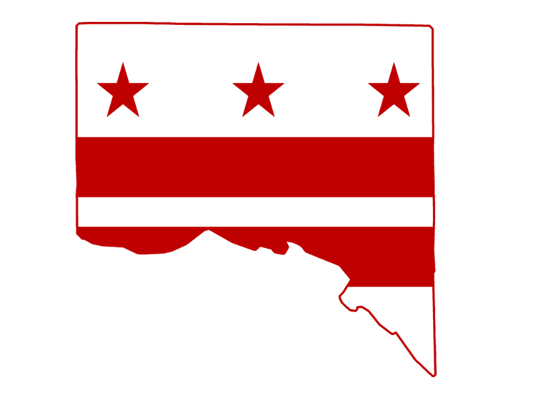 The flag of the District of Columbia superimposed on the geographic outline of the District's boundaries. (Illustration by wikipedia user Dcmacnut/DrRandomFactor, used under a Creative Commons license.)