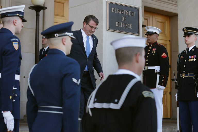 Defense Secretary Ashton Carter prepares to greet North Atlantic Treaty Organization Secretary General Jens Stoltenberg to the Pentagon during an honor cordon March 26, 2015 in Arlington, Va. (Photo by Chip Somodevilla/Getty Images)