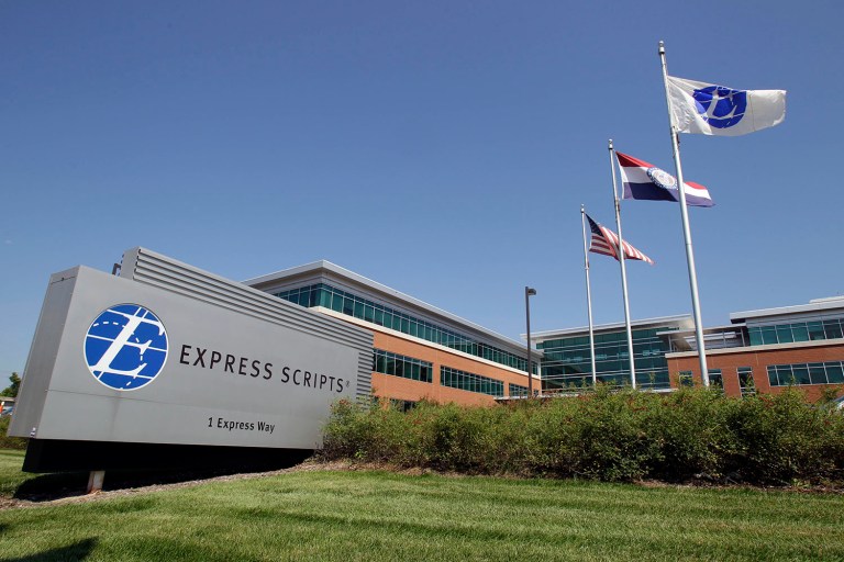 The lawsuit was filed Monday against Express Scripts, a massive pharmacy benefits manager that oversees the prescription drug plan for Anthem and other insurers. (AP Photo/Jeff Roberson, File)