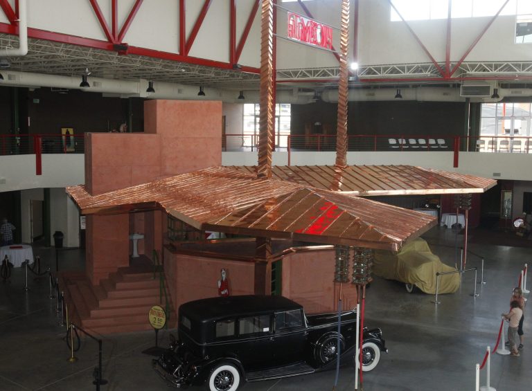 The Buffalo Transportation Pierce-Arrow Museum's Frank Lloyd Wright-designed filling station, seen in a Thursday, June 26, 2014 photo, opens Friday, June 27, 2014, more than 11 years after acquiring the 1927 plans from the Frank Lloyd Wright Foundation in Scottsdale, Az., at The Buffalo Transportation Pierce-Arrow Museum, in Buffalo, N.Y. The filling station never made it off the drawing board during the architect's lifetime. (AP Photo/The Buffalo News, John Hickey)