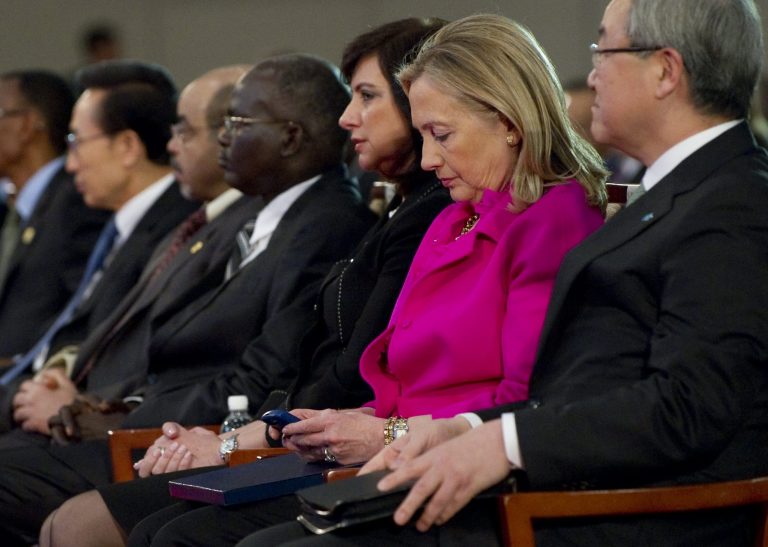 Former State executive secretary said he witnessed Clinton using her BlackBerry in the hall outside her office. (AP Photo/Saul Loeb, Pool)