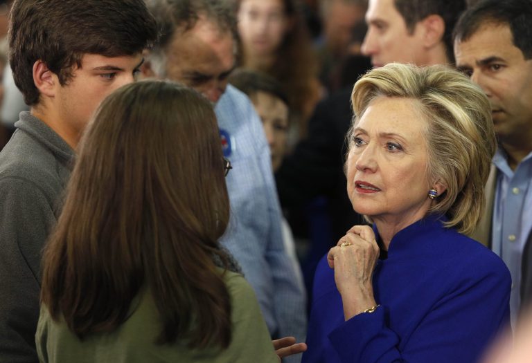 Democratic presidential candidate Hillary Rodham Clinton meets voters during a campaign stop at River Valley Community College Tuesday, Aug. 11, 2015, in Claremont, N.H. (AP Photo/Jim Cole)