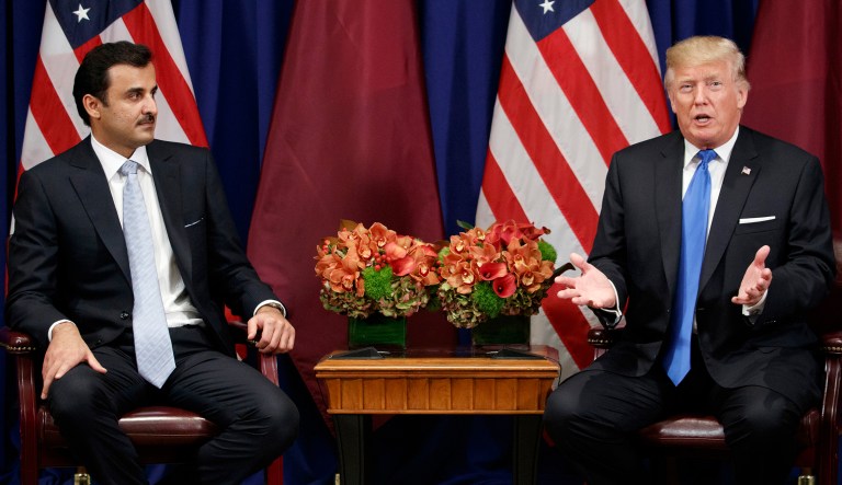 Trump and the emir of Qatar, along with several top U.S. and Qatari officials, gathered for a bilateral meeting at a private hotel outside the United Nations General Assembly in New York City. (AP Photo/Evan Vucci)