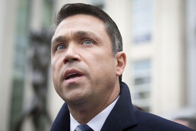 Rep. Michael Grimm speaks to the media outside Federal court in Brooklyn after pleading guilty to a federal tax evasion charge. (AP/John Minchillo)