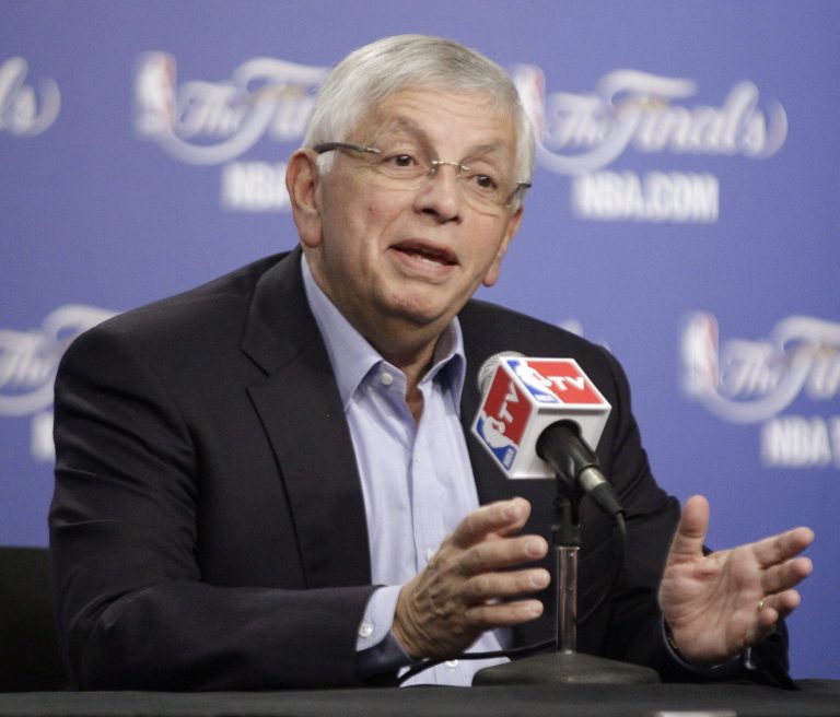   NBA Commissioner David Stern takes questions before Game 1 of the NBA finals basketball series between the Oklahoma City Thunder and the Miami Heat, Tuesday, June 12, 2012, in Oklahoma City. (AP Photo/Sue Ogrocki)  