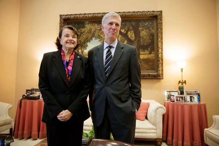 Supreme Court Justice nominee Neil Gorsuch meets with Sen. Dianne Feinstein, D-Calif., ranking member of the Senate Judiciary Committee in her office on Capitol Hill. Fienstein was impressed by Gorsuch's background. (AP Photo/J. Scott Applewhite)