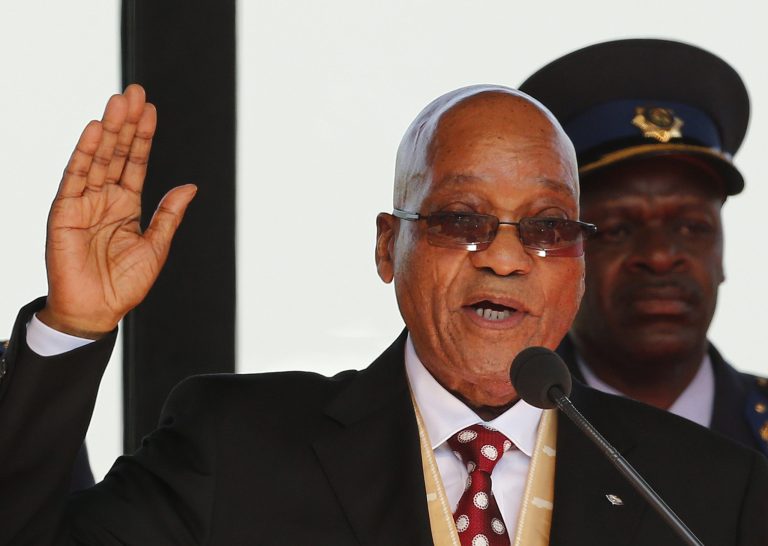 South African president Jacob Zuma is sworn in for a second term in Pretoria, South Africa, Saturday, May 24, 2014. Zuma was sworn in after the country's fifth democratic elections. (AP Photo/Siphiwe Sibeko, Pool)