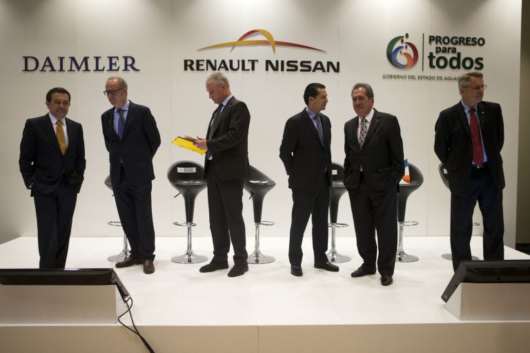 Representatives of Daimler, Renault-Nissan, Infiniti, and the Mexican government, arrive for a joint press conference in Mexico City, Friday, June 27, 2014. From left are Mexico's Secretary of the Economy Ildefonso Guajardo Villarreal; Mercedes Benz Mexico CEO Pedro Antonio Tabera; Daimler's Dr. Guido Krupinski; Jose Munoz, Nissan's executive vice president and the chairman of Nissan North American; Carlos Lozano de la Torre, governor of Aguascalientes state; and Michael Bartsch, vice president of Infiniti Americas. (AP Photo/Rebecca Blackwell)