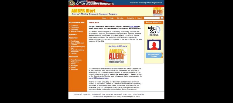 The Department of Justice website that provides information on the Amber Alert program, which sends alerts to communities about child abductions, went offline Sunday with a note citing the government shutdown. The website is now up and running again. (Screenshot: AmberAlert.gov)