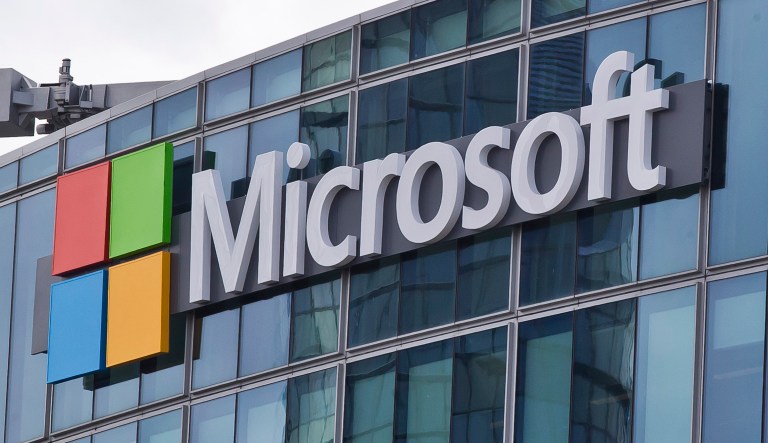 A Microsoft logo is pictured on a building.