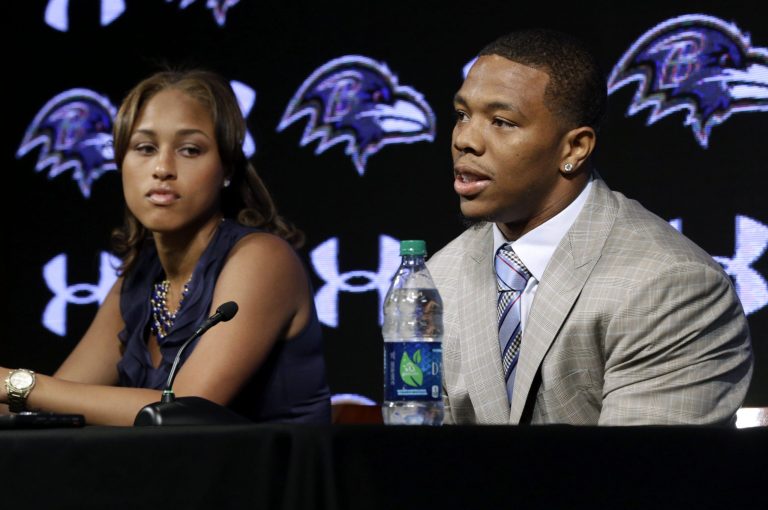 Baltimore Ravens running back Ray Rice, right, speaks alongside his wife, Janay, during a news conference at the team's practice facility in Owings Mills, Md. A new video that appears to show Ray Rice striking then-fiance Janay Palmer in an elevator last February has been released on a website. (AP Photo/Patrick Semansky)