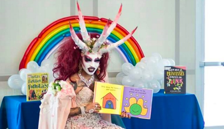 If the LGBTQ community really cared about kids, would they be reading to them dressed in demonic drag queen outfits? (LB Public Library/Twitter)