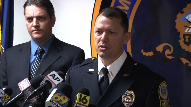 Pocono Regional Police Chief Chris Wagner, right, and Monroe County Assistant District Attorney Michael Rakaczewski hold a news conference on Tuesday, Sept. 15, 2015, to discuss charges in the hazing death of New York City college student Chun 