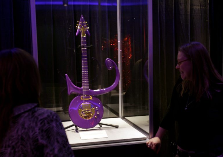 Shown is U.S. artist Prince's guitar on display at the new black history exhibit, 