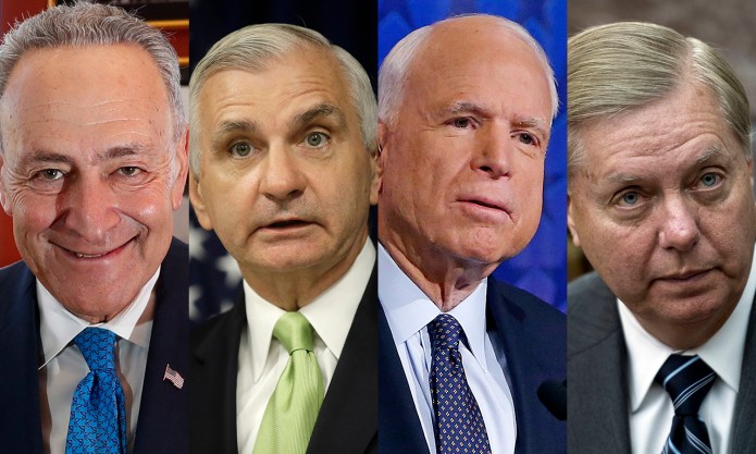 Sens. Chuck Schumer, Jack Reed, John McCain and Lindsey Graham submitted a joint letter on Sunday. (AP Photo/Cliff Owen)